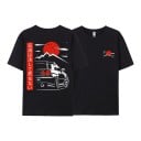 T-shirt med korte ærmer og tryk af sportsbil i japansk stil med rødt sol og bjerge på ryggen og brystet unisex 9