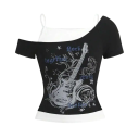 T-shirt med rockguitarprint Todelt design med stropper Asymmetrisk snit Original stil til koncerter Festivalmode 1