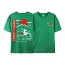 T-Shirt mit kurzem Ärmel und Druck eines Sportwagens im japanischen Stil mit roter Sonne und Bergen auf dem Rücken und der Brust unisex 5