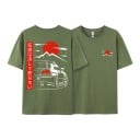 T-Shirt mit kurzem Ärmel und Druck eines Sportwagens im japanischen Stil mit roter Sonne und Bergen auf dem Rücken und der Brust unisex 15