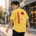 T-Shirt mit kurzem Ärmel und Druck eines Sportwagens im japanischen Stil mit roter Sonne und Bergen auf dem Rücken und der Brust unisex 4