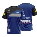 T-shirt pour homme à manches courtes avec épaules noires, bande grise en biais et impression style maillot de course sur route bleu-noir 1