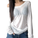 T-shirt transparent à manches longues pour femme Col en V Matière légère Coupe ample Haut sexy à épaules dénudées à superposer et à porter seul 3