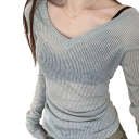 T-shirt transparent à manches longues pour femme Col en V Matière légère Coupe ample Haut sexy à épaules dénudées à superposer et à porter seul 4