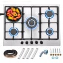 Table de Cuisson à Gaz Encastrable 5 Brûleurs Wok 3,4 kW Acier Inoxydable Grilles en Fonte Allumage Automatique Système de Sécurité 68 x 50 cm NG 2