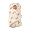 Tæppe til baby 100 x 75 cm med lysebrune bamser med sløjfer og en fluffy side i cremede farver til vinterindpakning og dækning 1