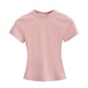 Tailliertes Kurzarm-T-Shirt für Damen. Einfacher Rundhalsausschnitt. Elegantes elastisches Oberteil für die Freizeit. Modisches 5