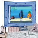 Tapiseria na zeď Spongebob 90 x 150 cm Bikini Bottom Obydlí Spongeboba a Sépiáka Kreslená látka Dekorácia Spálne Izba Estetický gobelín 2