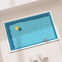 Tappetino antiscivolo per bagno 40 x 60 cm con stampa di piscina con anatra gialla e scala rossa in blu con bordo bianco 2