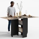 Tavolo da pranzo pieghevole 75 x 140 x 74 cm una volta aperto Con ruote, piani pieghevoli e ripiani centrali Decorazione in legno con struttura nera 6