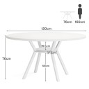 Tavolo da pranzo rotondo 76 x 120 x 59 cm Con piano di 120 cm di diametro e ripiano tra le gambe Finitura bianca con quattro gambe aperte 6