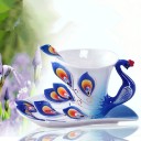 Taza de cerámica para té 175 ml con platillo y cuchara Asa en forma de pavo Plumas de pavo en relieve en la taza y el platillo Cuchara 3