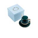 Taza de cerámica para té 450 ml con platillo y cuchara Tapa con corte para cuchara Conjunto verde oscuro con franja dorada y asa dorada 6