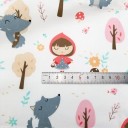 Tecido de algodão para costura doméstica de máscaras infantis Motivação Capuchinho Vermelho e lobo Fundo branco com estampagem colorida Peça 50 x 80 4