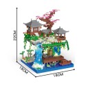 Temple Waterfall Building Set 22 x 18 x 18 cm Pagoda with Gazebo Tree with Pink Flowers Two-Tiered Scene with Boat and Pond Decorative Model 2