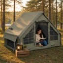 Tenda gonfiabile a forma di casetta con grande ingresso e finestre con rete 300 x 210 x 200 cm Con pompa e borsa Verde Per campeggio e baita 6