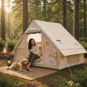 Tente de camping gonflable spacieuse en forme de maison 300 x 210 x 200 cm avec pompe et sac de transport Beige Pour le camping et les sorties 3