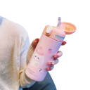 Termoska de aço inoxidável com palhinha e tampa com botão 380 ml garrafa a vácuo rosa 18 x 6,5 cm para viagens, escola e uso diário 2