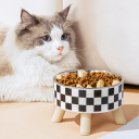 Tigela de aço inoxidável para gatos e cães com padrão xadrez preto e branco 14 cm com base antiderrapante em pés de madeira Altura 9 cm Tigela de design para animais de estimação 2