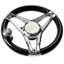 Timone da barca con manopola girevole diametro 34 cm a tre razze braccia cromate corona nera per barca yacht motoscafo e pesca 2
