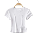 Top corto de manga corta acanalado para mujer Top elástico con cuello redondo Corte entallado moderno Camiseta de color liso de moda 2