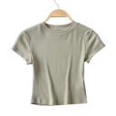 Top corto de manga corta acanalado para mujer Top elástico con cuello redondo Corte entallado moderno Camiseta de color liso de moda 4