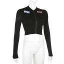 Top court noir pour femme à manches longues et fermeture éclair Veste courte ajustée Col montant Deux rabats et impressions sur la poitrine Coton 1