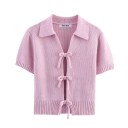 Top crop de malha para senhora com colarinho Manga curta Três cordões para atar à frente Top de verão de uma só cor Várias cores Poliéster 3