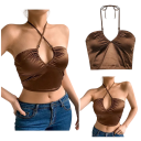 Top Crop Feminino Castanho Decote em V Alças Finas à Volta do Pescoço Top de Verão Estiloso em Poliéster e Spandex 2