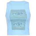 Top crop para mujer de color sólido con estampado de ojo Escote redondo Tirantes anchos Poliéster spandex top moderno 2