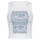 Top crop para mujer de color sólido con estampado de ojo Escote redondo Tirantes anchos Poliéster spandex top moderno 1