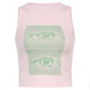 Top crop para mujer de color sólido con estampado de ojo Escote redondo Tirantes anchos Poliéster spandex top moderno 3
