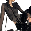 Top crop transparente feminino com mangas longas e decote em V Top elegante em rede com laço Blusa cropped para o verão 2