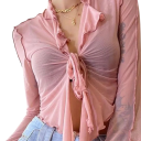 Top crop transparente feminino com mangas longas e decote em V Top elegante em rede com laço Blusa cropped para o verão 3