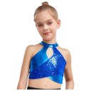 Top da danza per ragazze con scollo halter, parte anteriore incrociata e paillettes, crop top in poliestere per jazz e coreografie moderne 8