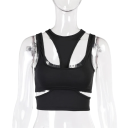 Top da donna crop in tinta unita con scollatura a O e tagli, spalline larghe, poliestere e spandex, top moderno elastico 1