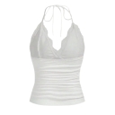 Top da donna in pizzo con spalline sottili Scollo a V Chiusura dietro il collo Top elegante monocolore in poliestere e spandex 4