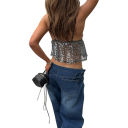 Top da donna nero semitrasparente con paillettes scollatura a V spalline sottili poliestere spandex elegante top da sera 3