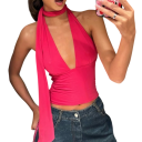 Top damă simplu cu decolteu în V, bretele late, eșarfă la gât, poliester, spandex, elegant, top de vară 7