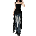 Top damă simplu fără bretele cu volane lungi pe laterale decolteu rotund din poliester și spandex 5