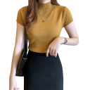 Top de malha feminino com mangas curtas Corte justo Material macio Gola alta Adequado para o trabalho e uso diário 6