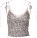 Top de mujer con estampado de leopardo Escote redondo con lazo y encaje Tirantes finos Poliéster spandex top elástico de verano 2