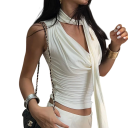 Top de mujer sin mangas de un solo color con escote en V y tirantes anchos, bufanda alrededor del cuello, poliéster y algodón, elegante top de verano 5