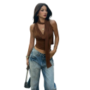 Top de mujer sin mangas de un solo color con escote en V y tirantes anchos, bufanda alrededor del cuello, poliéster y algodón, elegante top de verano 7