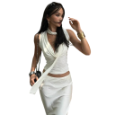 Top de mujer sin mangas de un solo color con escote en V y tirantes anchos, bufanda alrededor del cuello, poliéster y algodón, elegante top de verano 2