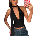 Top de mujer sin mangas de un solo color con escote en V y tirantes anchos, bufanda alrededor del cuello, poliéster y spandex, elegante top de verano 6