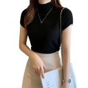 Top de punto para mujer con mangas cortas Corte ajustado elegante Material suave Cuello alto alto Adecuado para el trabajo y ropa 2