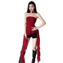 Top donna monocolore senza spalline con volant lungo ai lati scollo a O in poliestere e spandex top estivo 7