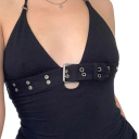 Top negro para mujer con tirantes finos escote en V cinturilla debajo del busto top elegante de poliéster y spandex 3