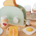 Träbrödrost med tillbehör Grön barnkök leksak för bröd och frukost Utbildningsspel för matlagning för flickor och pojkar från 3 år 2